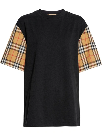 Shop Burberry Vintage Check-sleeve Cotton Oversized T-shirt In Black