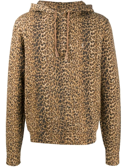 Shop Saint Laurent Leopard Print Hoodie In Brown
