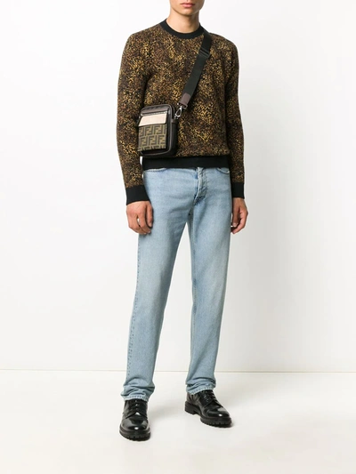 Saint Laurent Black Jacquard Leopard Crewneck Sweater In Brown