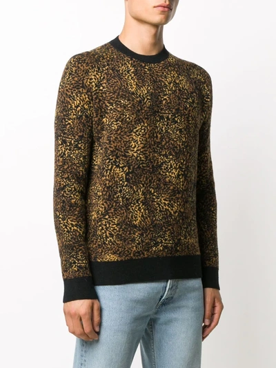 Saint Laurent Black Jacquard Leopard Crewneck Sweater In Brown