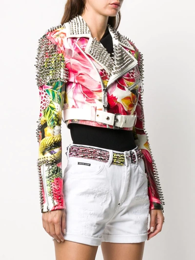 Shop Philipp Plein Floral Print Biker Jacket In White