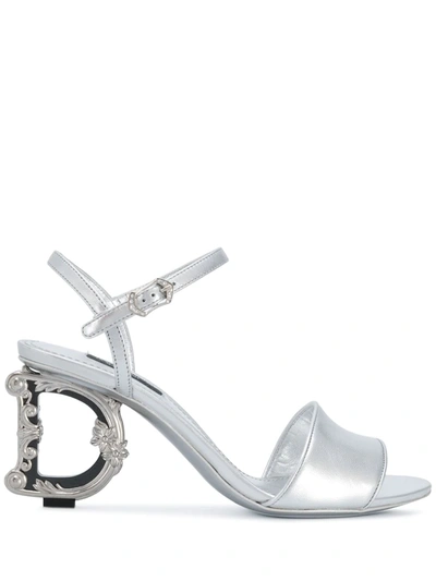 Shop Dolce & Gabbana Monogram-heel Leather Sandals In Silver