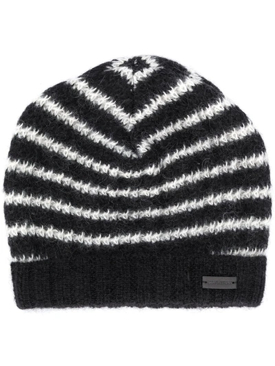 Shop Saint Laurent Striped Beanie Hat In Black