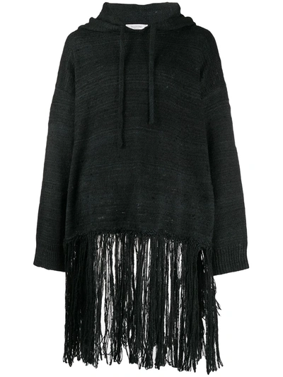 Shop Valentino Fringed Hooded Jumper In Black