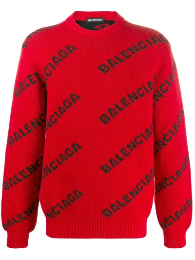 Shop Balenciaga Logo Intarsia Jumper In Red