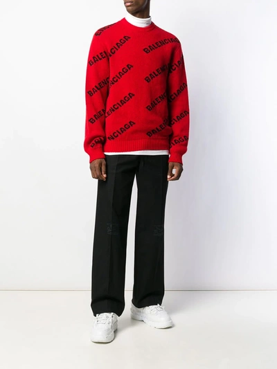 Shop Balenciaga Logo Intarsia Jumper In Red