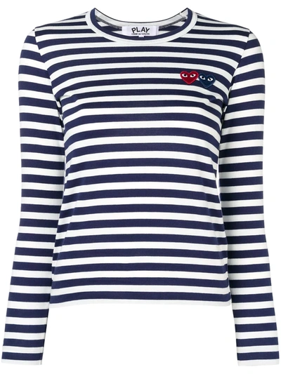 Shop Comme Des Garçons Play Double-heart Logo Striped T-shirt In Blue