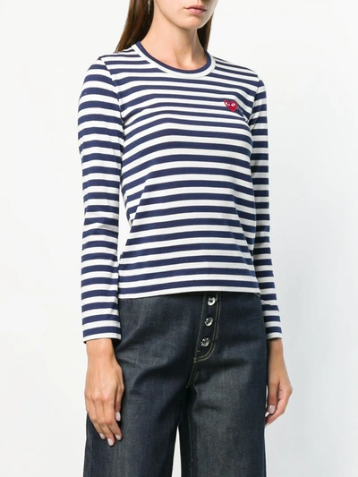 COMME DES GARÇONS PLAY DOUBLE-HEART LOGO STRIPED T-SHIRT - 蓝色