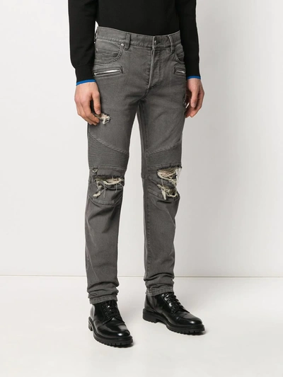 Shop Balmain Distressed Slim-fit Jeans In Grey
