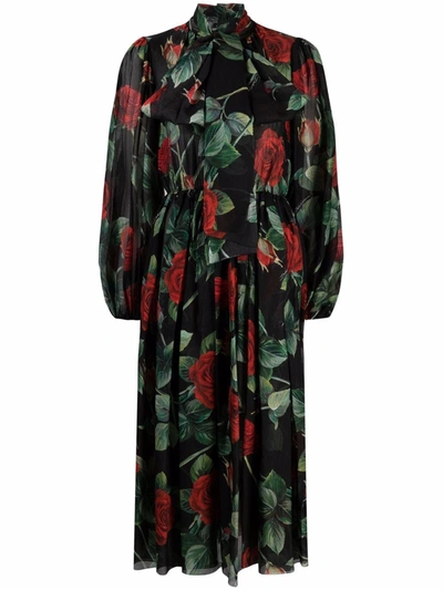 Dolce & Gabbana Black Rose Print Flared Silk Dress In Black