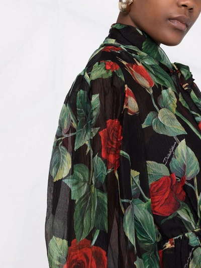 Shop Dolce & Gabbana Rose Print Flared Chiffon Dress In Black