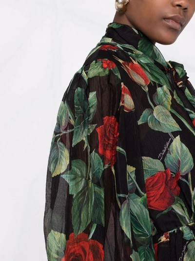 Dolce & Gabbana Black Rose Print Flared Silk Dress In Black