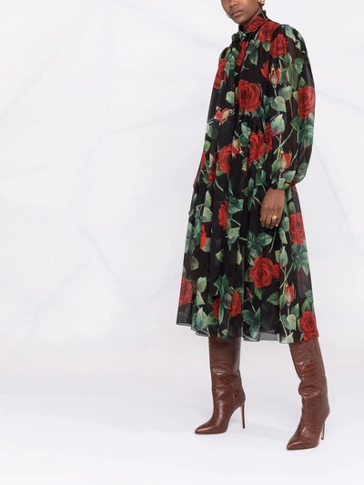 Dolce & Gabbana Black Rose Print Flared Silk Dress In Black