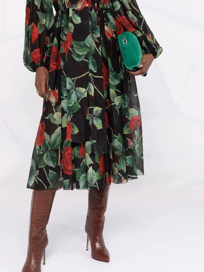 Dolce & Gabbana Black Rose Print Flared Silk Dress In Black