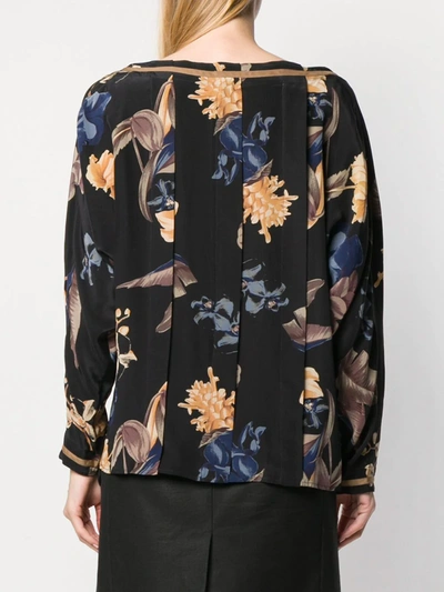 Pre-owned Versace 1980's Box Pleat Floral Blouse In Black