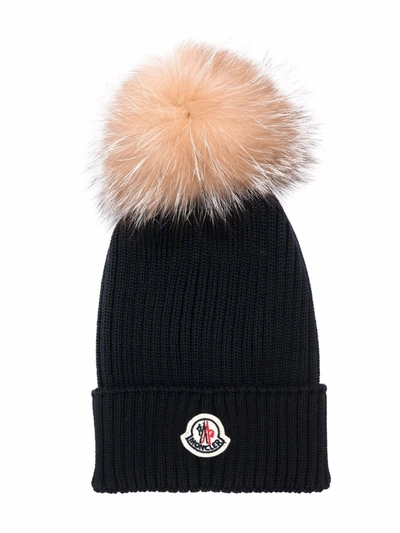 Moncler Kid's Rib-knit Beanie Hat W/ Fur Pompom In Blue | ModeSens