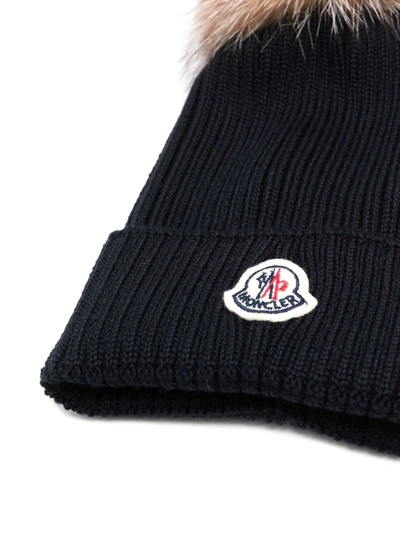 Shop Moncler Ribbed-knit Pompom Beanie In Blue