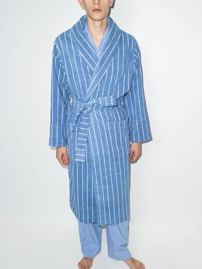 Shop Tekla Striped Cotton Bathrobe In Blue