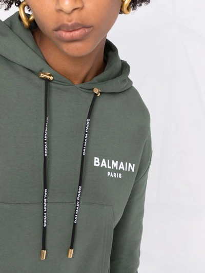 Shop Balmain Flocked Logo Detail Cropped Hoodie In Green