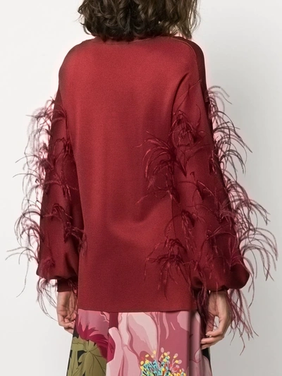 Shop Valentino Ostrich Feather Embellished V-neck Jumper In Red