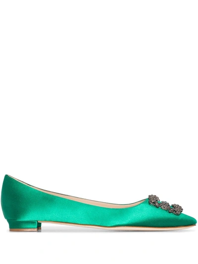 Manolo Blahnik Hangisi Crystal-embellished Satin Point-toe Flats In Green