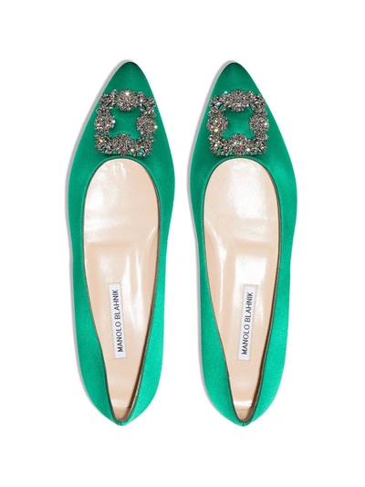 Manolo Blahnik Hangisi Crystal-embellished Satin Point-toe Flats In Green
