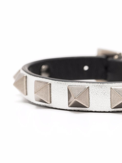 Shop Valentino Rockstud Leather Bracelet In Silver