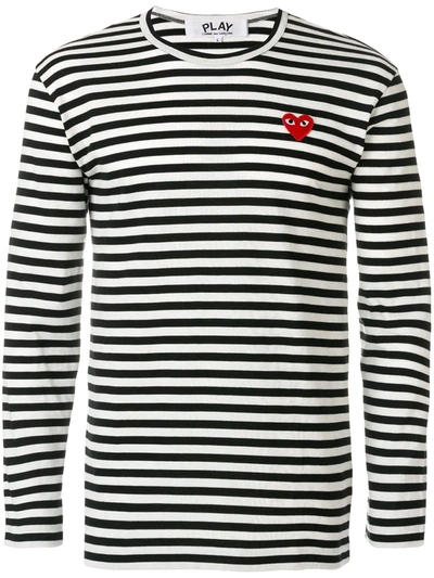 Black & White Striped Heart Patch Long Sleeve T-shirt In Blue