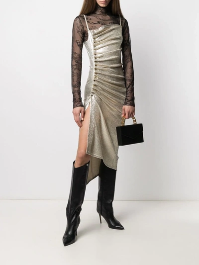 Shop Rabanne Metallic Pleated Dress With Side-button Ruched Detail In Gold