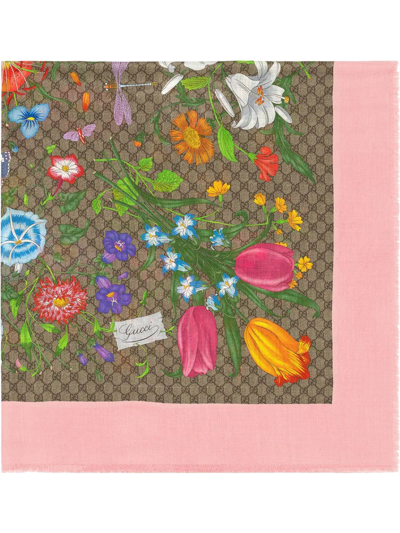 Shop Gucci Gg Floral-print Scarf In Pink