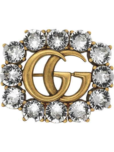 Shop Gucci Double G Crystal-embellished Brooch In Metallic