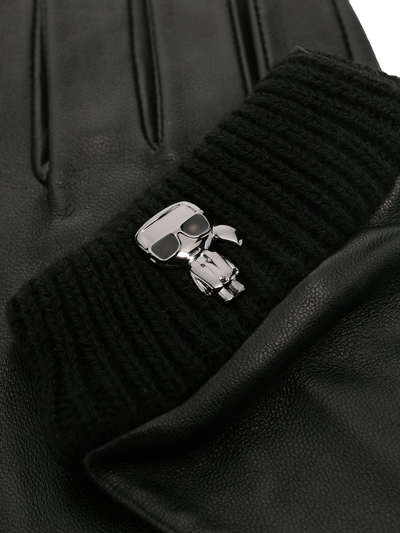 Shop Karl Lagerfeld Ikonik-brooch Leather Gloves In Black