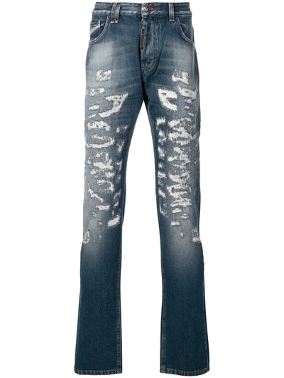 Shop Philipp Plein Distressed Straight Jeans In Blue
