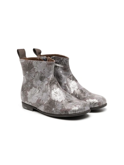 Shop Pèpè Metallic Flower Print Ankle Boots In Silver