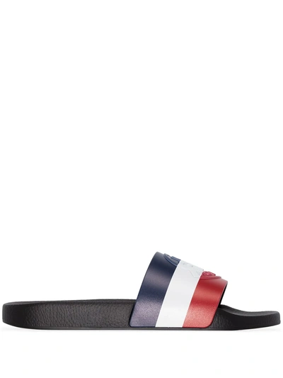 Shop Moncler Basile Tri-stripe Slides In Black