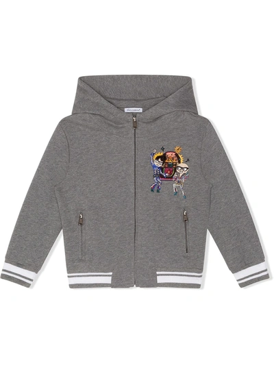 Shop Dolce & Gabbana Embroidered Zip-up Hoodie In Grey