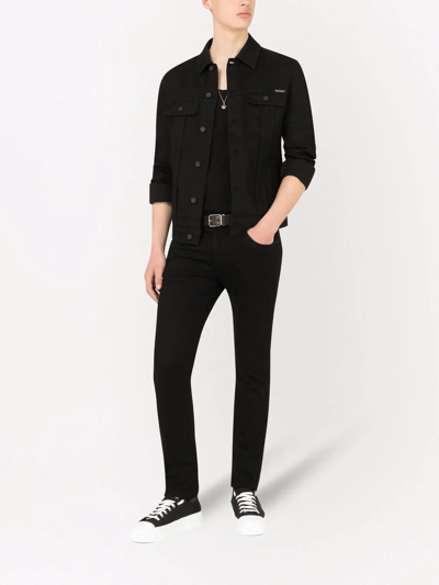 Shop Dolce & Gabbana Camp Collar Denim Jacket In Black