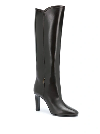 Shop Saint Laurent Jane Monogram Leather Boots In Brown