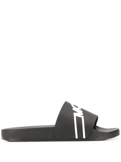 Shop Michael Kors Monogram Logo Printed Sliders In Black