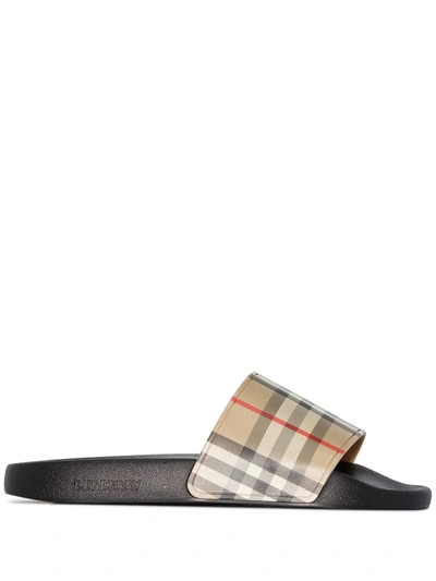 Burberry Check Slide Flat Open Toe Slippers In Black