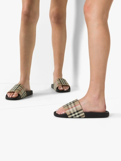 Burberry Check Slide Flat Open Toe Slippers In Black