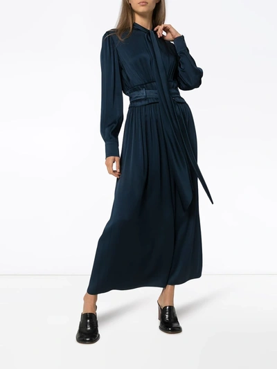 Sies Marjan Belted Crepe Back Satin Long Sleeve Midi Dress In Blue