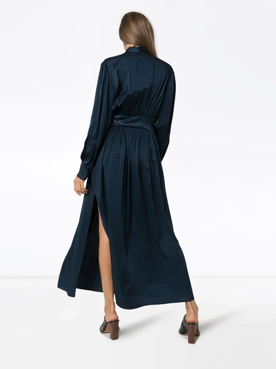 Sies Marjan Belted Crepe Back Satin Long Sleeve Midi Dress In Blue