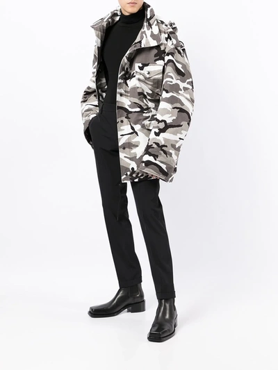 Shop Balenciaga Off-shoulder Camouflage-print Military Parka Coat In Grey