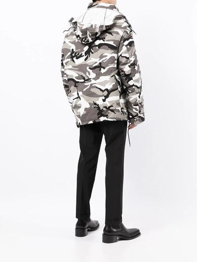 Shop Balenciaga Off-shoulder Camouflage-print Military Parka Coat In Grey