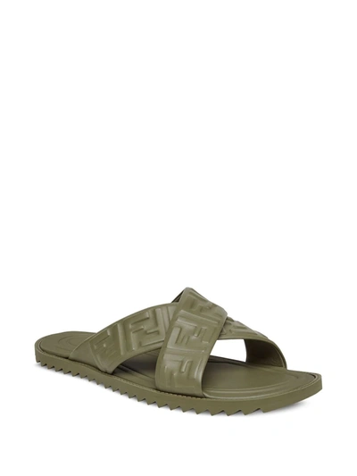 Shop Fendi Embossed Ff Motif Flat Sandals In Green