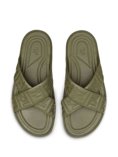 Shop Fendi Embossed Ff Motif Flat Sandals In Green