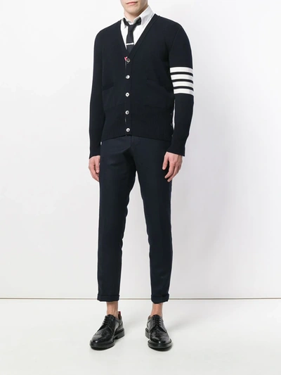 Thom Browne Jersey Stitch Relaxed Fit V Neck Cardigan In Fine Merino Wool With 4 Bar Stripes In Blue