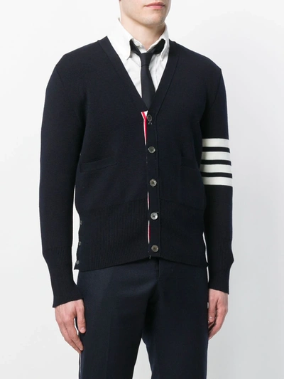 Thom Browne Jersey Stitch Relaxed Fit V Neck Cardigan In Fine Merino Wool With 4 Bar Stripes In Blue