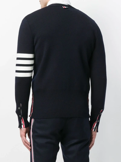 Thom Browne Jersey Stitch Relaxed Fit V Neck Cardigan In Fine Merino Wool With 4 Bar Stripes In Blue